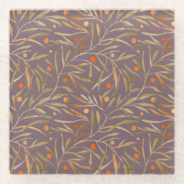 Elegant Watercolor Leaf Pattern  Purple Background ガラスコースター