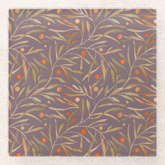 Elegant Watercolor Leaf Pattern  Purple Background ガラスコースター (正面)