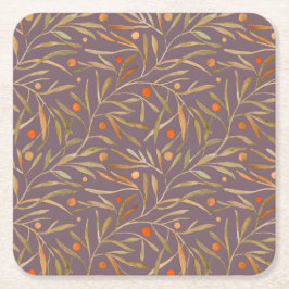 Elegant Watercolor Leaf Pattern  Purple Background スクエアペーパーコースター