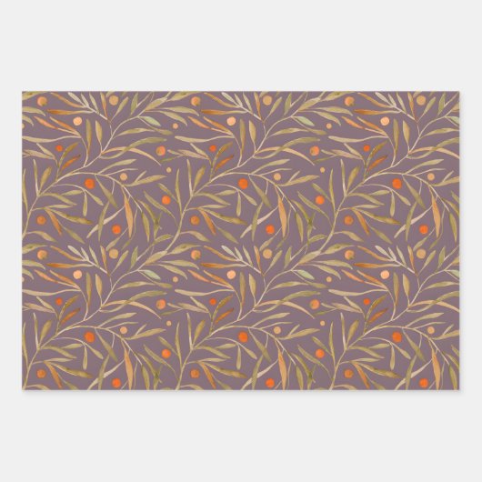 Elegant Watercolor Leaf Pattern  Purple Background ラッピングペーパーシート (正面)