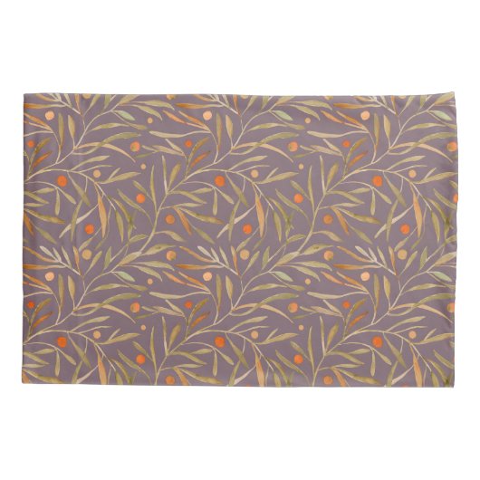 Elegant Watercolor Leaf Pattern  Purple Background 枕カバー (裏面-左)