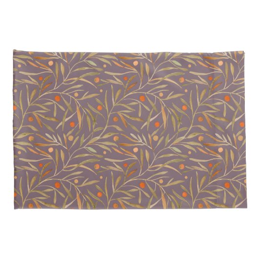 Elegant Watercolor Leaf Pattern  Purple Background 枕カバー (裏面-右)
