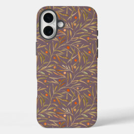 Elegant Watercolor Leaf Pattern  Purple Background iPhone 16 Plusケース