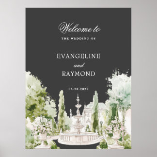 Elegant Watercolor Manor Garden Grey Wedding ポスター