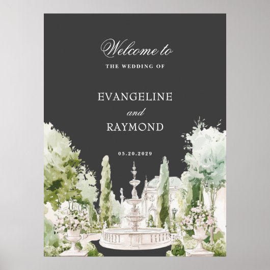 Elegant Watercolor Manor Garden Grey Wedding ポスター (正面)