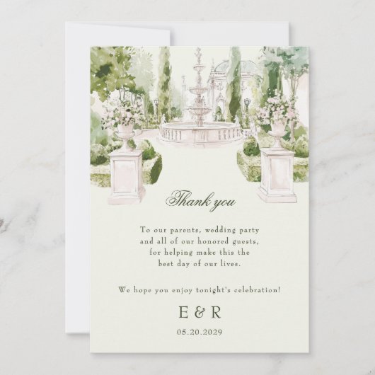 Elegant Watercolor Manor Garden Wedding サンキューカード (正面)
