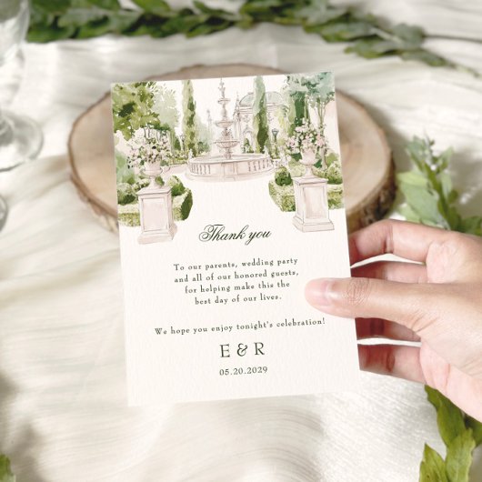 Elegant Watercolor Manor Garden Wedding サンキューカード