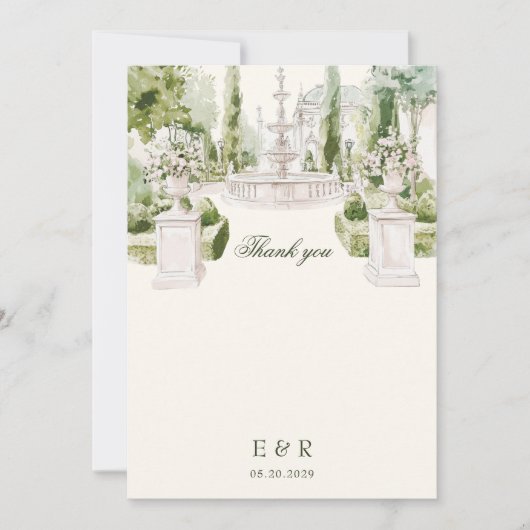 Elegant Watercolor Manor Garden Wedding サンキューカード (正面)