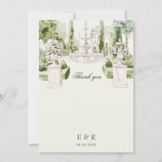 Elegant Watercolor Manor Garden Wedding サンキューカード (正面)