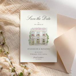 Elegant Watercolor Manor Photo Save The Date Card セーブザデート