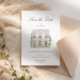 Elegant Watercolor Manor Photo Save The Date Card セーブザデート