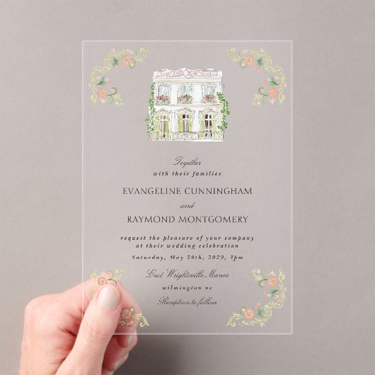 Elegant Watercolor Manor Rococo Wedding アクリル招待状 (インサイチュ (ポータブル))