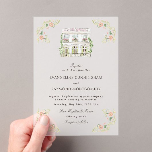 Elegant Watercolor Manor Rococo Wedding アクリル招待状 (インサイチュ (ポータブル))