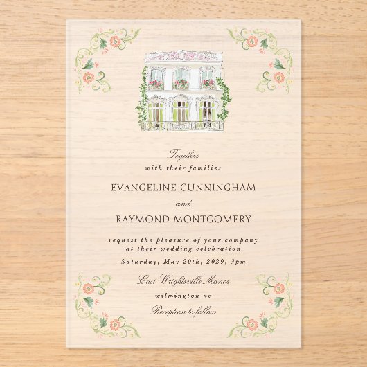 Elegant Watercolor Manor Rococo Wedding アクリル招待状 (正面)