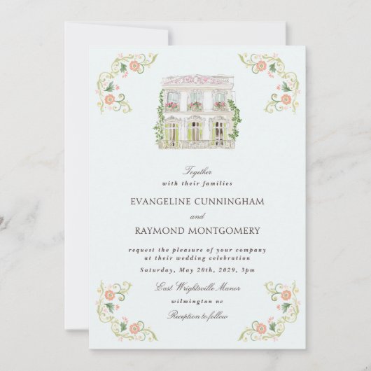 Elegant Watercolor Manor Rococo Wedding 招待状 (正面)