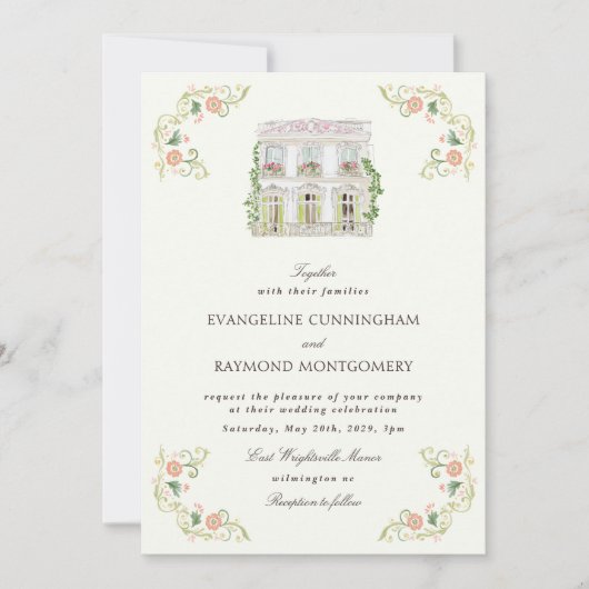 Elegant Watercolor Manor Rococo Wedding 招待状 (正面)
