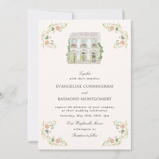 Elegant Watercolor Manor Rococo Wedding 招待状 (正面)