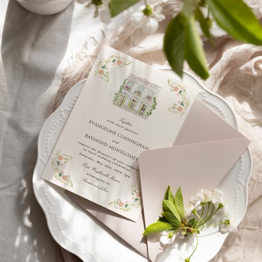 Elegant Watercolor Manor Rococo Wedding 招待状