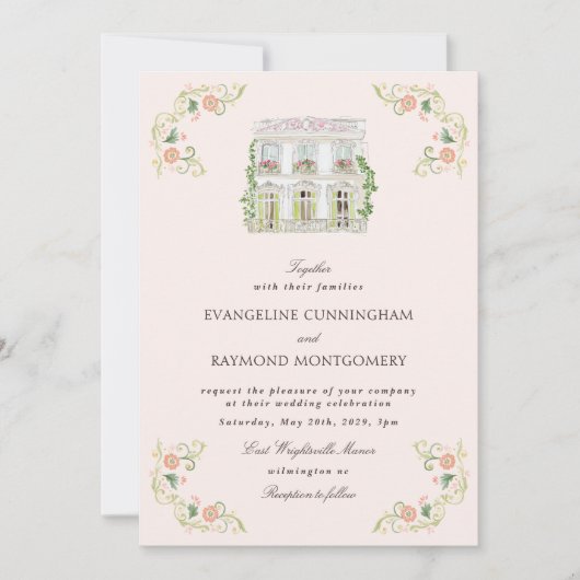 Elegant Watercolor Manor Rococo Wedding 招待状 (正面)