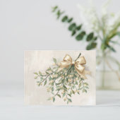 Elegant Watercolor Mistletoe and Gold Bow シーズンポストカード (スタンド正面)