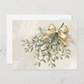Elegant Watercolor Mistletoe and Gold Bow シーズンポストカード (正面/裏面)