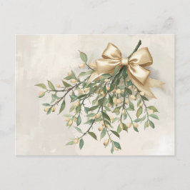 Elegant Watercolor Mistletoe and Gold Bow シーズンポストカード