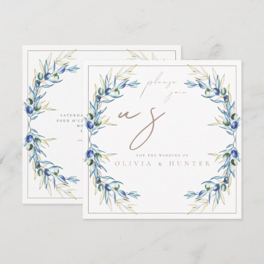 Elegant Watercolor Olive Branch Wedding Invitation 招待状 (正面/裏面)