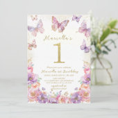 Elegant  Watercolor One 1st Birthday Butterfly Gir 招待状 (スタンド正面)