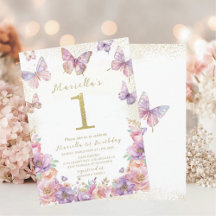 Elegant  Watercolor One 1st Birthday Butterfly Gir