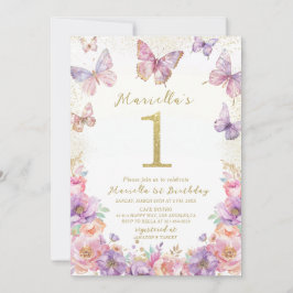 Elegant  Watercolor One 1st Birthday Butterfly Gir 招待状