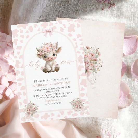 Elegant  Watercolor One 1st Birthday holy cow girl 招待状