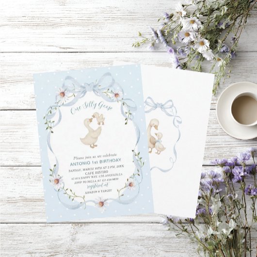 Elegant  Watercolor One 1st Birthday silly goose B 招待状