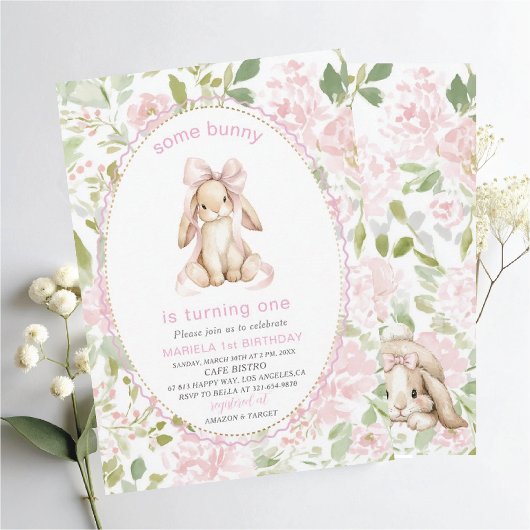 Elegant  Watercolor One 1st Birthday some bunny Gi 招待状