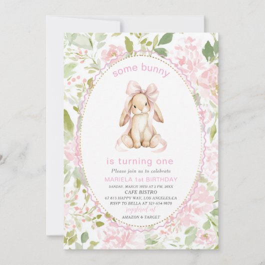 Elegant  Watercolor One 1st Birthday some bunny Gi 招待状 (正面)