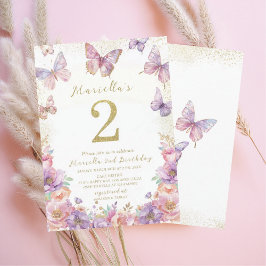 Elegant  Watercolor One 2nd Birthday Butterfly Gir 招待状