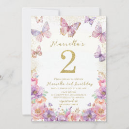 Elegant  Watercolor One 2nd Birthday Butterfly Gir 招待状