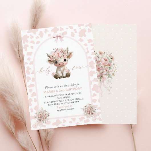 Elegant  Watercolor One 2nd Birthday holy cow girl 招待状