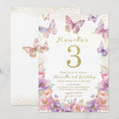 Elegant  Watercolor One 3rd Birthday Butterfly Gir 招待状 (正面/裏面)