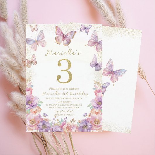 Elegant  Watercolor One 3rd Birthday Butterfly Gir 招待状