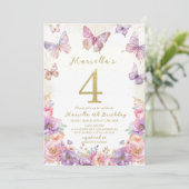 Elegant  Watercolor One 4th Birthday Butterfly Gir 招待状 (スタンド正面)