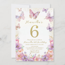Elegant  Watercolor One 6th Birthday Butterfly Gir 招待状