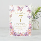 Elegant  Watercolor One 7th Birthday Butterfly Gir 招待状 (スタンド正面)