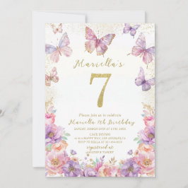 Elegant  Watercolor One 7th Birthday Butterfly Gir 招待状