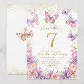 Elegant  Watercolor One 7th Birthday Butterfly Gir 招待状 (正面/裏面)