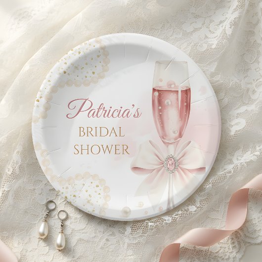 Elegant Watercolor Pearls & Prosecco Bridal Shower ペーパープレート