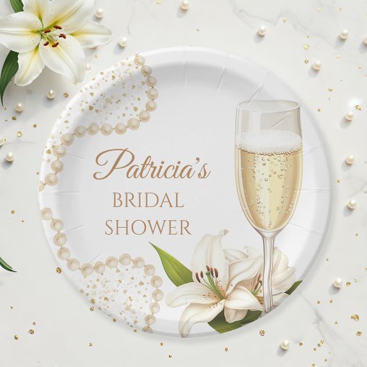 Elegant Watercolor Pearls & Prosecco Bridal Shower ペーパープレート
