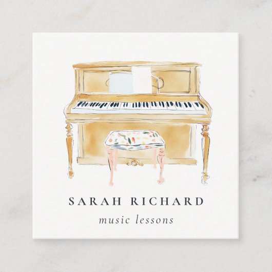 Elegant Watercolor Piano Musician Music Teacher スクエア名刺 (正面)
