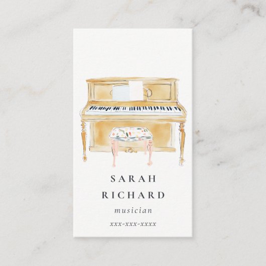 Elegant Watercolor Piano Musician Music Teacher 名刺 (正面)