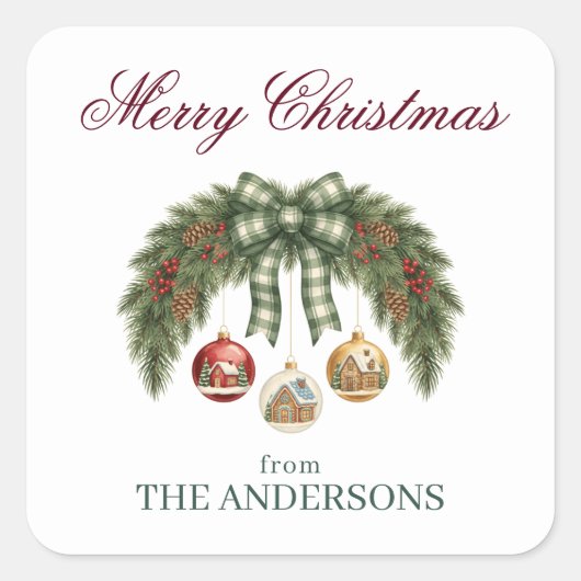 Elegant Watercolor Pine and Berry Merry Christmas スクエアシール (正面)