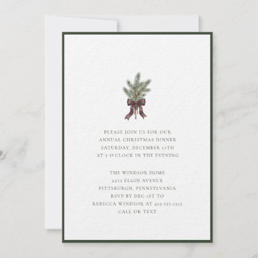 Elegant Watercolor Pine Sprig with Plaid Bow 招待状 (正面)